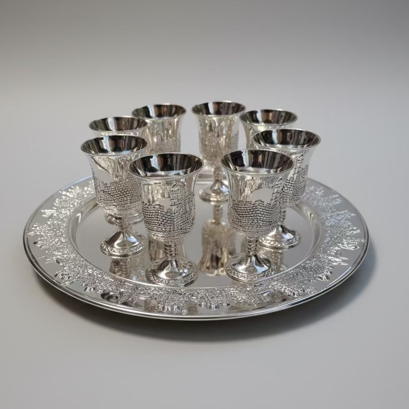 SILVER PLATED 8 SMALL KIDDUSH CUP WITH MATCHING TRAY-JERUSALEM DESIGN