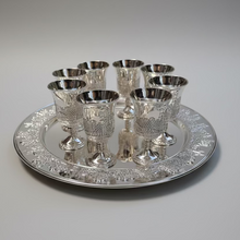 SILVER PLATED 8 SMALL KIDDUSH CUP WITH MATCHING TRAY-JERUSALEM DESIGN